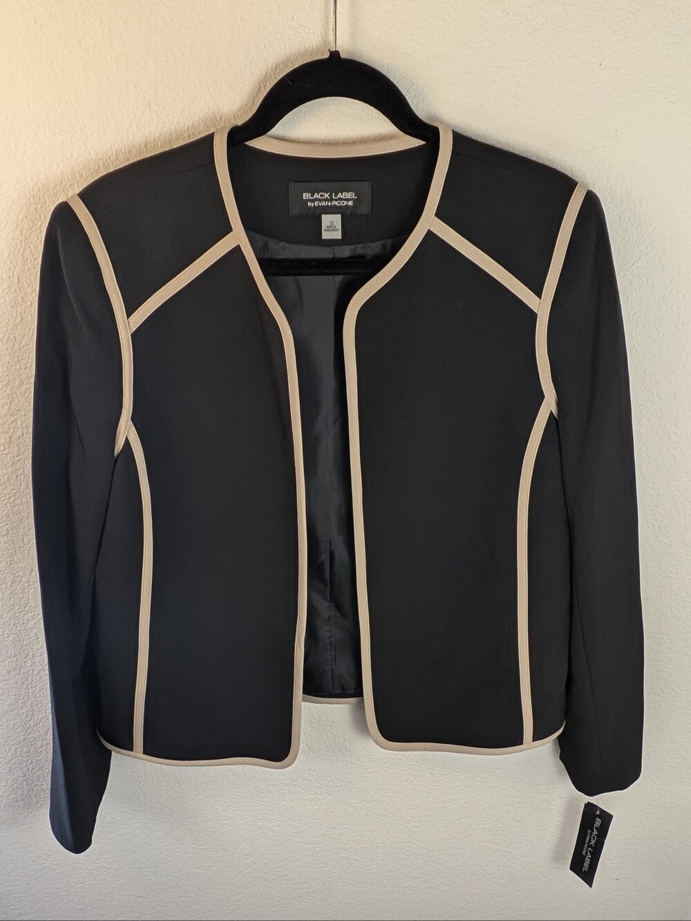 Black Label By Evan-Picone Black Beige Piped Open Front Blazer Size 12